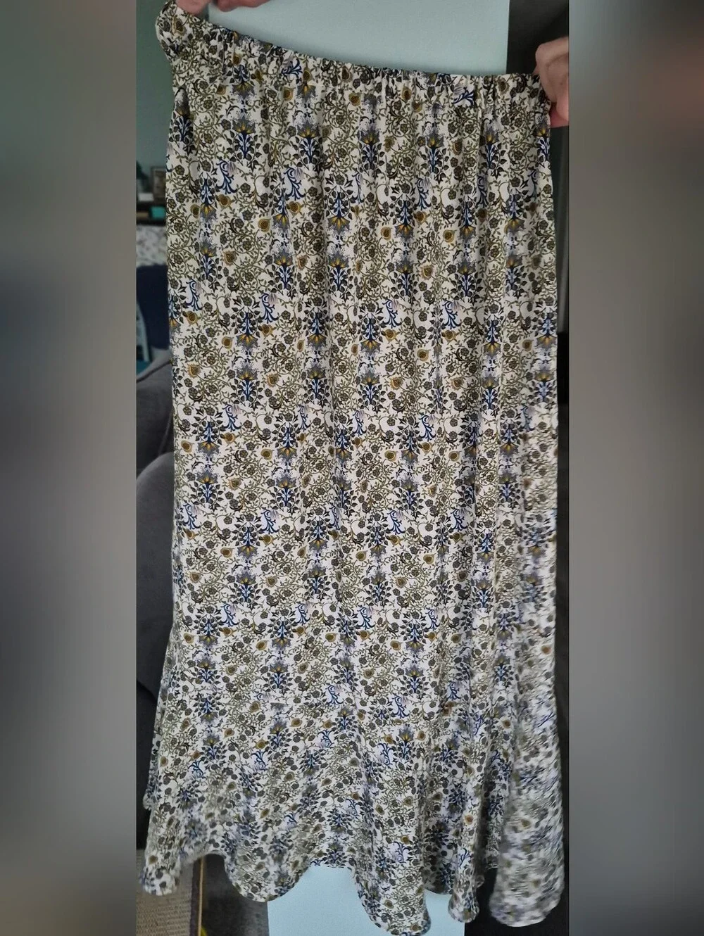 Max Studio Cream Floral Maxi Dress with Blue and Olive Floral Print And Bow